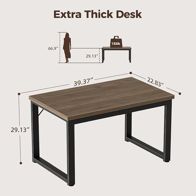Mericonia 40 Inch Computer Desk, 1.2" Thick Small Office Table, Walnut | Modern Simple Style, Heavy Duty Industrial Frame, Small Study & Writing Table for Home Bedroom Work - Image 2