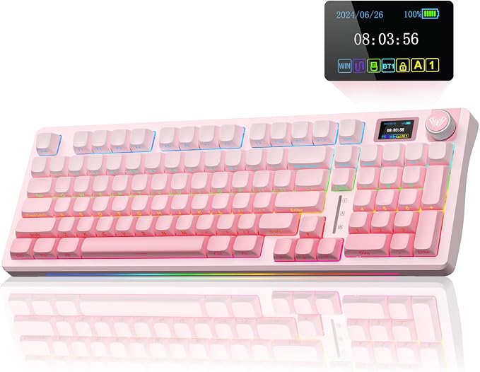 AULA S98 Pro Wireless Mechanical Keyboard with Screen & Knob,2.4GHz/USB-C/BT5.0 Hot Swappable Pink Creamy Keyboard,Pre-lubed Linear Switches,Side Printed PBT Keycaps,RGB Backlit Gaming Keyboards by AULA