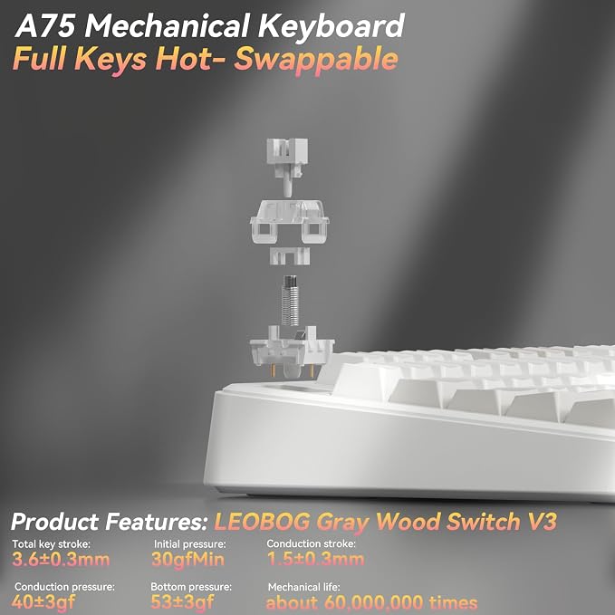 SOLAKAKA A75 75% Wireless Mechanical Keyboard, Hot Swappable Gaming Keyboard with Multifunction Knob & RGB, Gasket Mounted Creamy Keyboard, PBT Keycaps, Compact Layout for Win/Mac/PC - Image 5