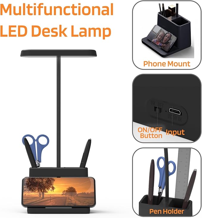 AXX Black LED Desk Lamp, Battery Operated Small Table Light for Dorm Room | Rechargeable, Battery-Powered, Cute, Dimmable, Gooseneck, Pen Holder, Touch Control, for Home Office Bedroom Desktop - Image 4