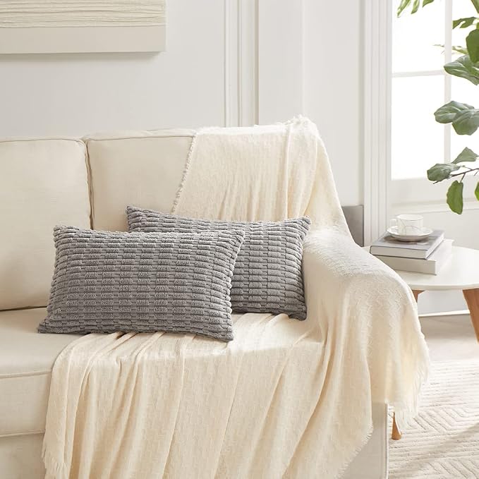 Fancy Homi 4 Packs Grey Decorative Throw Pillow Covers 14x24 Inch for Living Room Couch Bed, Rustic Modern Farmhouse Boho Home Decor, Soft Plush Corduroy Gray Cute Square Accent Cushion Case 35x60 cm - Image 7