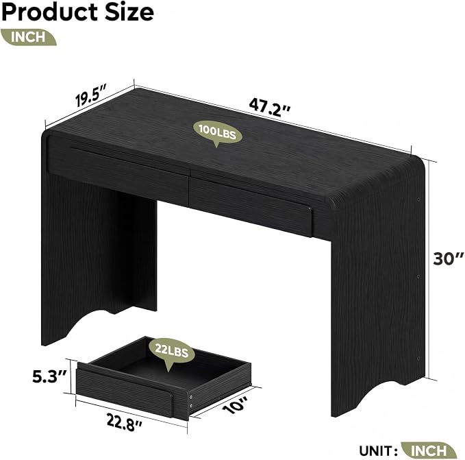 Bestier Computer Desk with 2 Drawers, 47 Inch Wood Home Office Desk, Writing Table with Curved Handles & Waterfall Rounded Edges, Cute Modern Desks for Bedroom Study Living Room, Black - Image 2