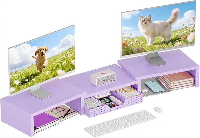 OPNICE Dual Computer Monitor Stand Riser with Drawer, Workspace Desk Organizer, Office Supplies Desk Accessories for Women, Purple - Image 8