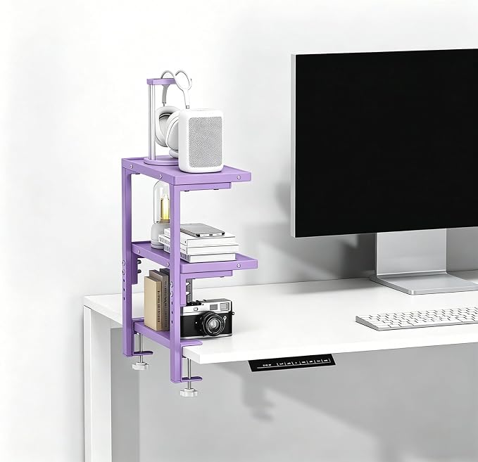 2-Tier Desk Shelf | Desk Organization Expandable Clamp on Desk Shelf Desktop Accessories for Offices and Game Rooms (Purple) - Image 6