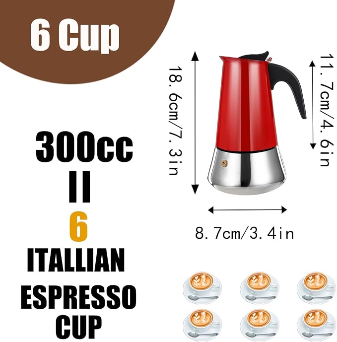 6 Cup Stovetop Espresso Maker Stainless Steel Moka Pot Stove Top Percolator Italian Coffee Makers Capable Mocha Greca Machine Cafe Classic Induction Cookers for Home and Camping 300ml 10oz - Image 2