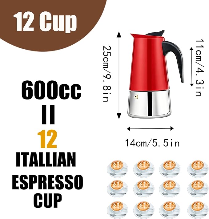 12 Cup Stovetop Espresso Maker Stainless Steel Moka Pot Stove Top Percolator Italian Coffee Makers Capable Mocha Greca Machine Cafe Classic Induction Cookers for Home and Camping 600ml 20oz - Image 3