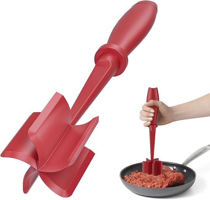 Meat Chopper, Upgrade Hamburger Smasher, Premium Heat Resistant Meat Masher for Ground Beef, Ground Turkey and More, Non Stick Mix Grinder-Red | Heat Resistant, 5 Nylon Blade, Burger Grinder Potato Mix Tool, Meat & Poultry Tenderizers, Dishwasher Safe,... by PGYARD
