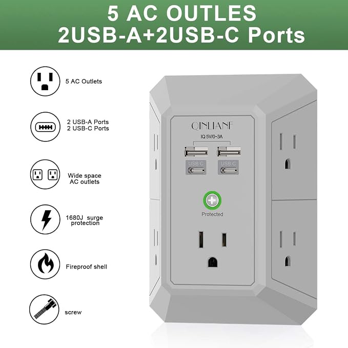 USB Wall Charger, Surge Protector, QINLIANF 5 Outlet Extender with 4 USB Charging Ports(2U2C) 3-Sided 1680J Power Strip Multi Plug Outlets Wall Adapter Spaced for Home Travel Office, Grey - Image 2
