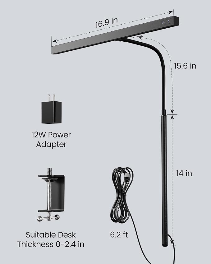 SUPERDANNY LED Desk Lamp for Office Home, Eye-Caring Desk Light with Adjustable Gooseneck, 12W Touch Control Dimmable Brightness, Architect Clamp Lamp with USB Adapter for Reading Study Workbench - Image 8