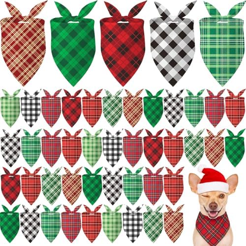 Weewooday 50 Pcs Christmas Red and Green Plaid Dog Bandanas Bulk for Large by Weewooday