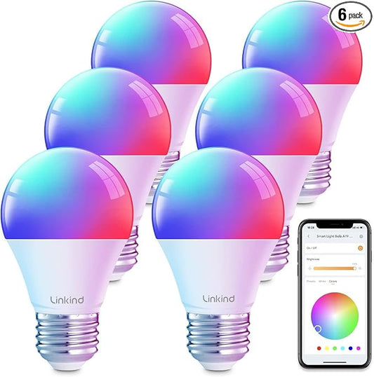 Linkind Smart Light Bulbs, Work with Alexa, Google Home, AiDot | Led Color Changing Light Bulb RGBTW, 2.4G WiFi+Bluetooth, 104 Preset Scene, Music Sync, DIY, Dotis, A19 E26, 60W 800LM, 6Pack by Linkind