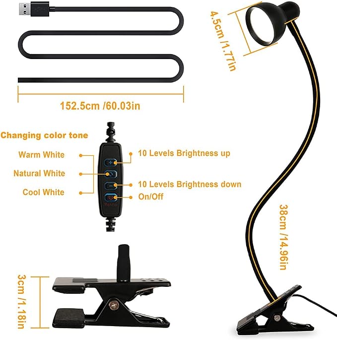 LiFMIRA Clip-on Reading Light - 3 Color Modes, 10 Dimmable Brightness,Black | Eye Care Clamp Desk Lamp with Flexible Gooseneck for Reading in Bed, Desk, Headboard, Computer - Image 7