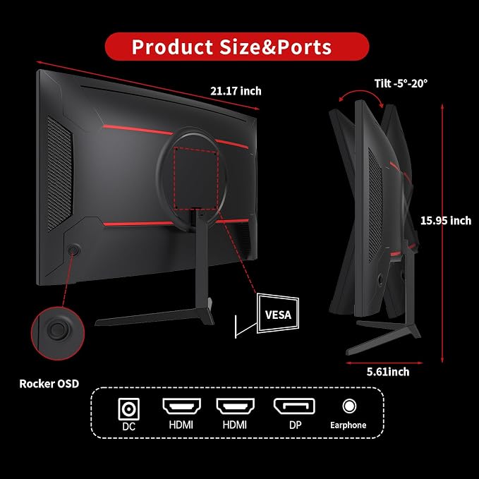 KTC 24 Inch 1500R Curved Gaming Monitor,180Hz 1ms FHD 1080p VA Monitor, Adaptive Sync, 110% sRGB, HDR Support, DisPlayPort/HDMI,Tilt, VESA for Gaming Home Office Business PS5 PC Monitors - Image 4