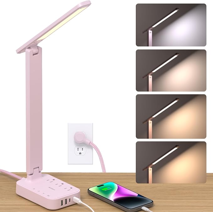 Addtam LED Desk Lamp, Power Strip with 3 Outlets 4 USB Charging Ports(2 USBC), 4 Modes 5 Level Brightness Touch Lamp, Small Desk Lamp for Home Office College Dorm Room Essentials, Pink by Addtam