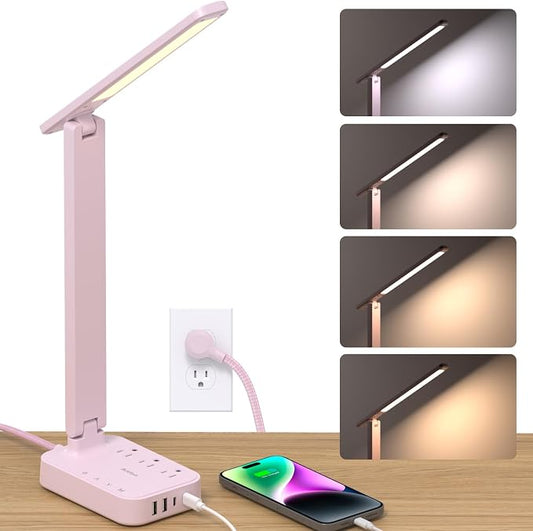 Addtam LED Desk Lamp, Power Strip with 3 Outlets 4 USB Charging Ports(2 USBC), 4 Modes 5 Level Brightness Touch Lamp, Small Desk Lamp for Home Office College Dorm Room Essentials, Pink by Addtam