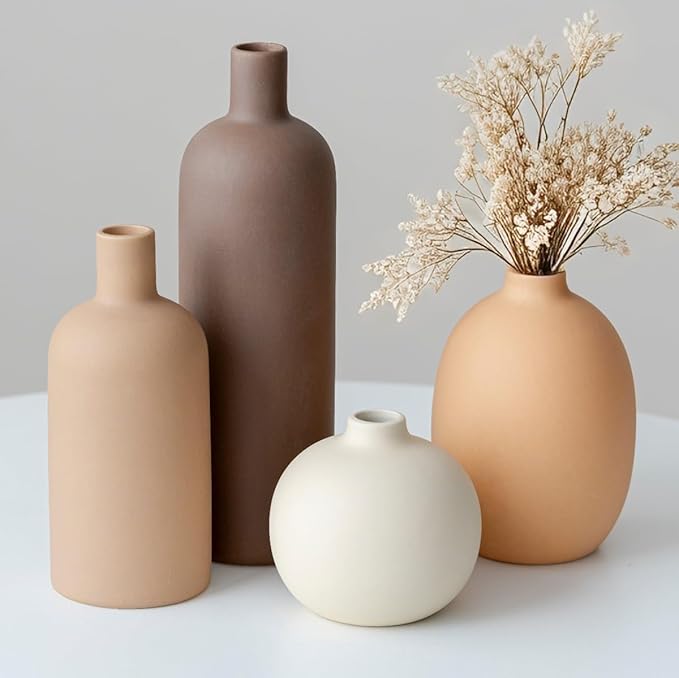 Modern Ceramic Vase Set, Neutral Colors, Decorative Vases for Home Shelf Decor, 4 Piece Collection, Happy Birthday Gifts for Women Mom Her Friend Sister Wife Grandma, Self Care Gift (Coffee Mix set 4) by Vaurcesavase