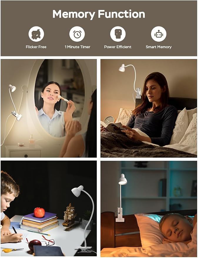 LiFMIRA Clip on Lamp USB Reading Light, Desk Lamp with Clamp White | 3 Color Modes, 10 Dimmable Brightness Eye Care Clamp Lamp with Flexible Gooseneck for Reading in Bed Desk Headboard Computer - Image 6