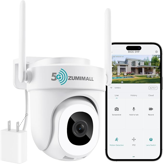 ZUMIMALL 2K 3MP Wired Camera for Home Security, 2.4G/5G WiFi Security Camera Outdoor, 24/7 Recording, AI Motion Detection, Cloud & SD Card Storage, 2-Way Audio, 360° PTZ Auto Tracking, Work with Alexa by ZUMIMALL