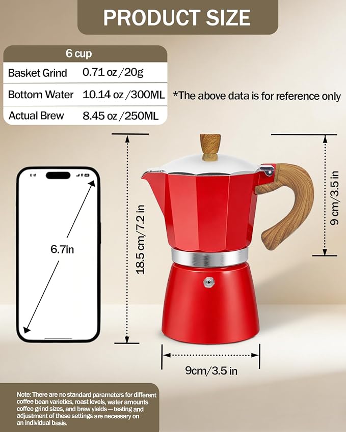 Coffee Maker Stovetop Espresso Maker 6 Cup Aluminum Moka Pot Percolator 10oz 300ml Easy Brewing for Electric Ceramic Stoves Home Camping Italian Cuban Café Classic Red - Image 2