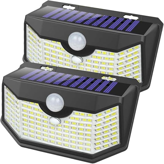 HMCITY 120 LED Outdoor Solar Lights with Motion Sensor and 3 Lighting Modes, IP65 Waterproof Wide Solar Wall Lights Ideal for Garden Patio Yard (Front Button 2Packs, Black Shell-Daylight White) by LightingUpYourLife