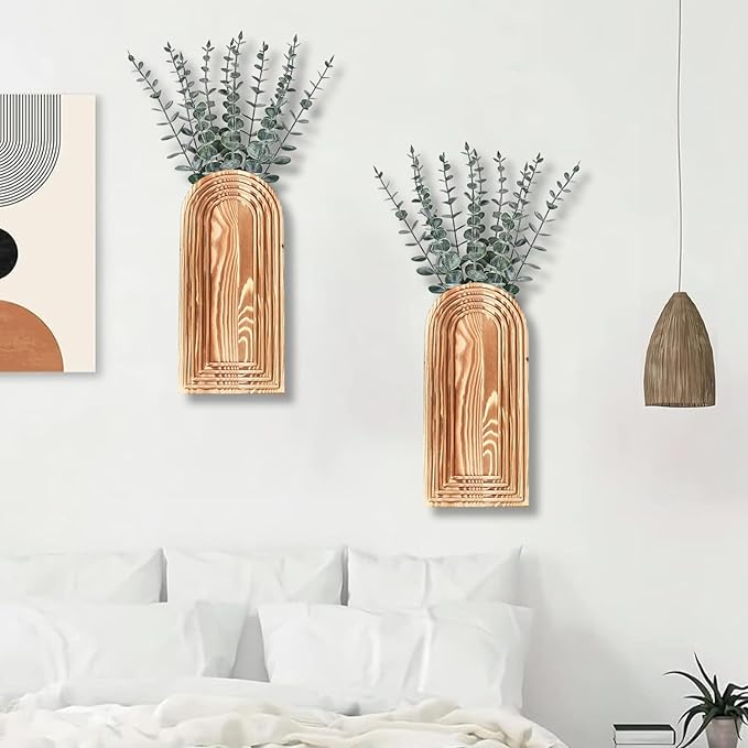 Dnnnii 2 Pack Wooden Wall Vase Set - Brown Finish Modern Farmhouse & Boho Wall Decor for Entryway, Hallway, Bathroom, Living Room, Dining Room, Narrow Spaces - Image 6