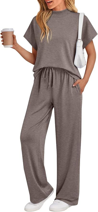 AUTOMET Women's 2 Piece Matching Lounge Sets 2026 Summer Mock Neck Sweatsuits Short Sleeve Loungewear Travel Outfits by AUTOMET