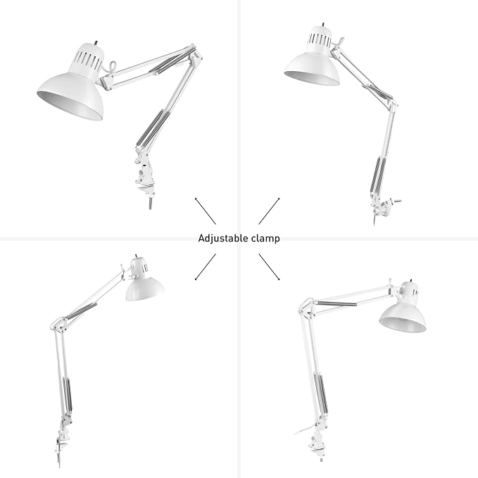 Globe Electric 52847 31.5 Inch Swing Arm Clamp-On White Desk Lamp with Nickel Accents, On/Off Rotary Switch, Book Reading Light, Home Essentials, Office Décor, LED Bulb Compatible - Image 7