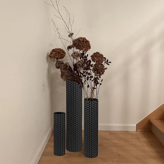 Black Tall Floor Vase - Set of 3 Extra Large Metal Decorative Vases for Living Room, 27.6" Long Modern Honeycomb Texture Big Cylinder Standing Corner Decor for Home Dining Bedroom Pampas Grass - Image 4
