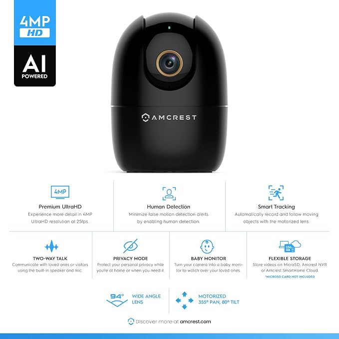 Amcrest 4MP WiFi Camera Indoor, Dog Camera, Sound & Baby Monitor, Human & Pet Detection, Motion-Tracking, w/ 2-Way Audio, Pan/Tilt Wireless IP Camera, Night Vision, Smart Home ASH41-B - Image 2