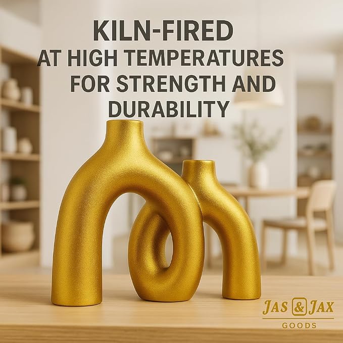 Gold Ceramic Vase Set - Modern Hug Donut Ceramic Vases by JAS & JAX GOODS, Minimalistic Nordic Home Decor Centerpiece for Console Tables, Living Room, Bookshelf, or Fireplace Mantel - Image 5