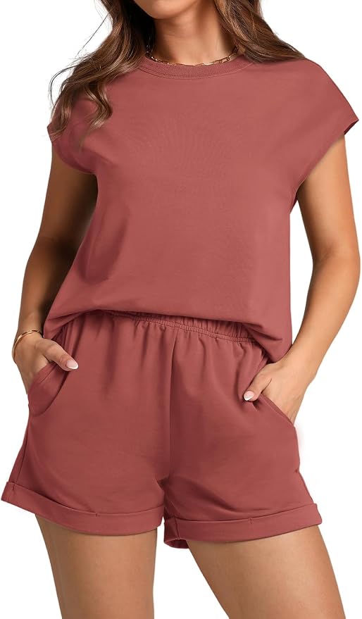 WIHOLL 2 Piece Sets for Women Casual Summer Travel Vacation Outfits Cap Sleeve Shorts Lounge Set - Image 2