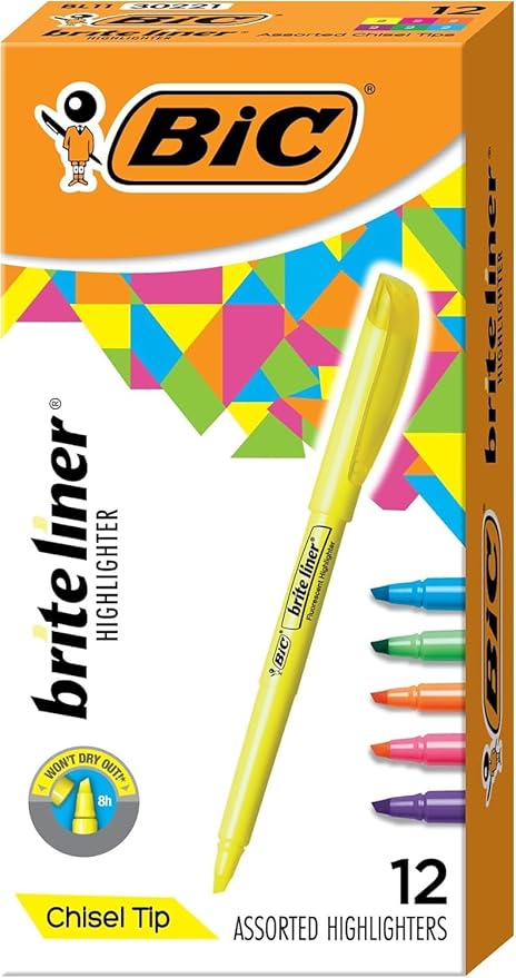 BIC Brite Liner Highlighters, Chisel Tip, 12-Count Pack, Assorted Colors by BIC