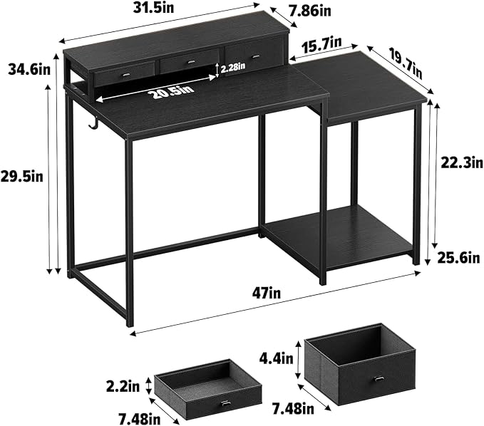 SINPAID 47 inch Computer Desk with Printer Shelf, Gaming Desk with Monitor Stand and Drawers, Reversible Home Office Desk with Storage Shelves and 2 Hooks, Home Workstation for Study Writing, Black - Image 2