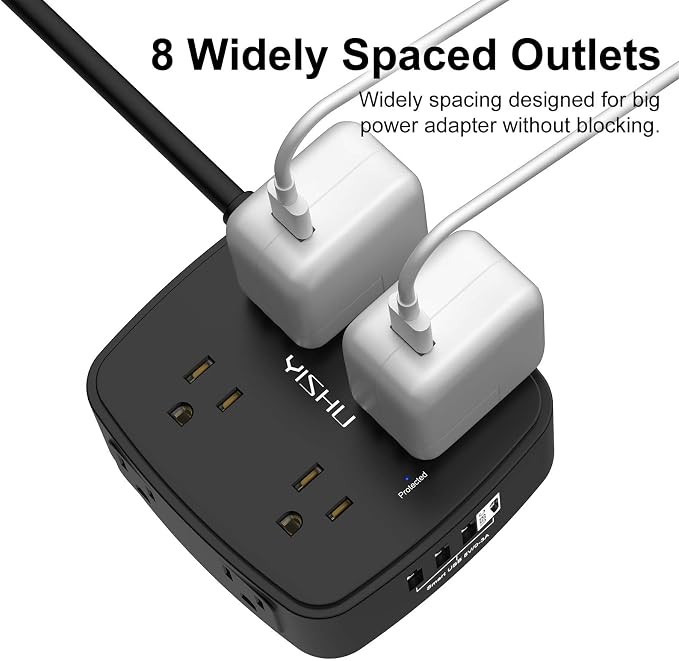 10 Ft Surge Protector Power Strip - 8 Widely Outlets with 4 USB Ports, 3 Side Outlet Extender with 10 Feet Extension Cord, Flat Plug, Wall Mount, Desk USB Charging Station, ETL, Black - Image 5