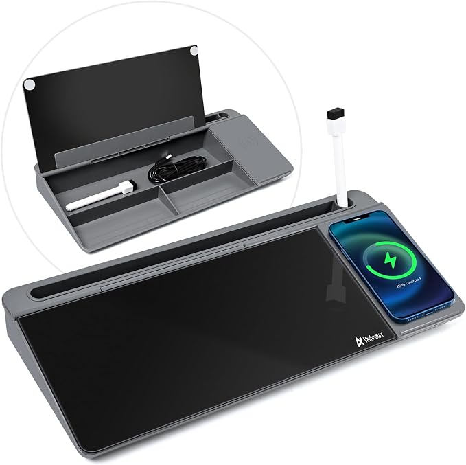 Varhomax Glass Desk Whiteboard with Wireless Charger, Desktop Organizer Dry Erase White Board with Storage, to Do List Memo Notepad for Home Office and School Supplies (Gray & Black) by Varhomax