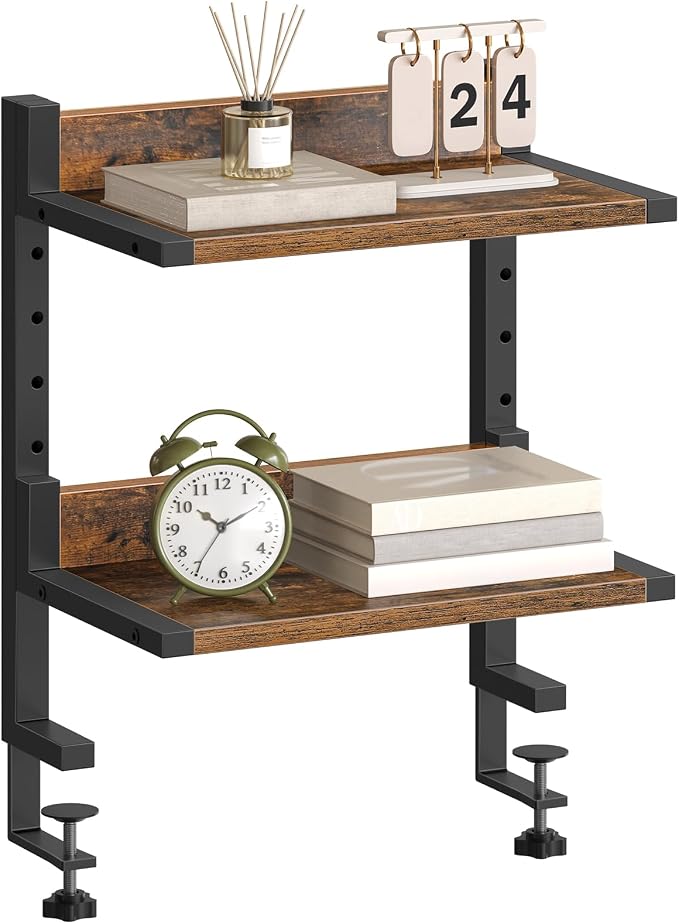 HOOBRO Clamp On Desk Shelf, 2-Tier Desktop Organizer, Space-Saving Desk Shelf with Adjustable Shelves, for Office, Study, Entertainment Accessories, Rustic Brown and Black BF32SJ01 - Image 3