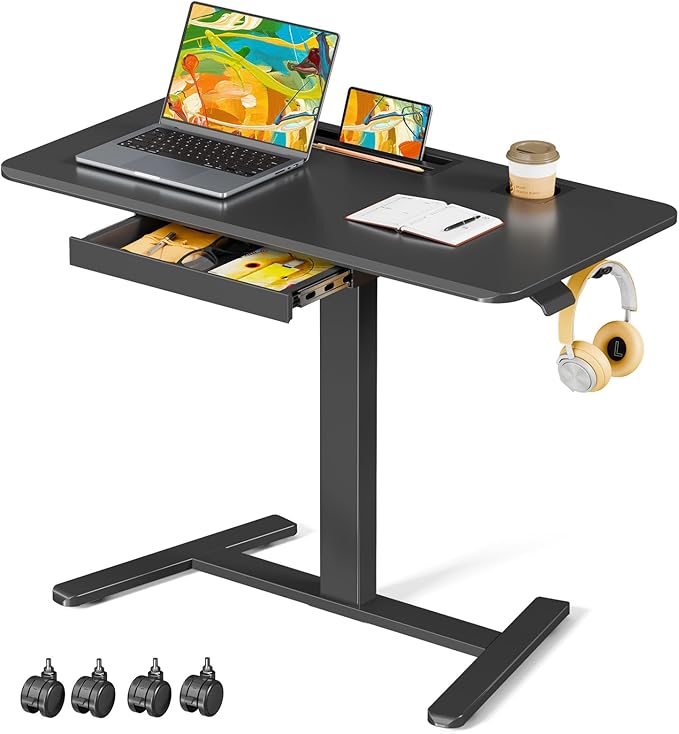 40"×20" Mobile Desk with Drawer, Rolling Desk with Storage | Height Adjustable Portable Laptop Desk on Wheels, Small Computer Desk with Cup Holder and Hooks for Study & Work, Black by JYLHJOYSEEKER