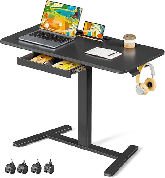 40"×20" Mobile Desk with Drawer, Rolling Desk with Storage | Height Adjustable Portable Laptop Desk on Wheels, Small Computer Desk with Cup Holder and Hooks for Study & Work, Black by JYLHJOYSEEKER