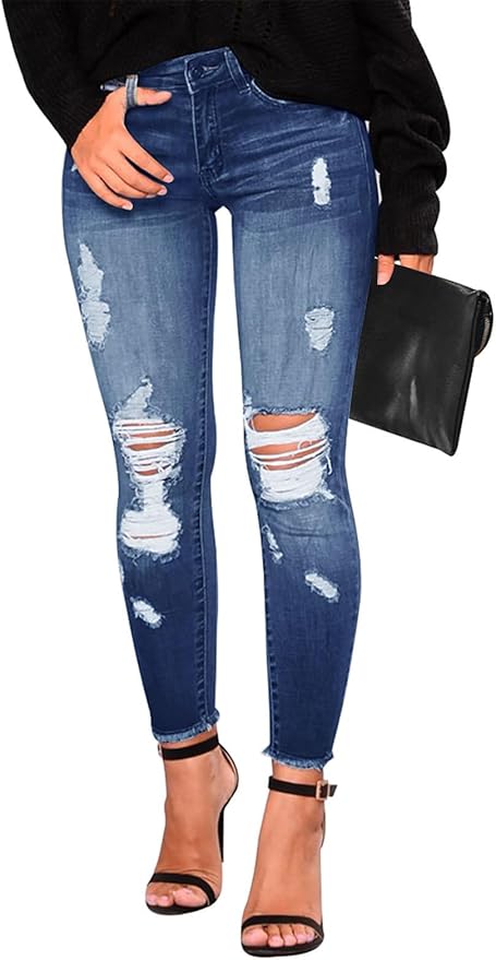 KUNMI Women's Skinny Ripped Trendy Jeans Distressed Stretchy Denim Pants by KUNMI