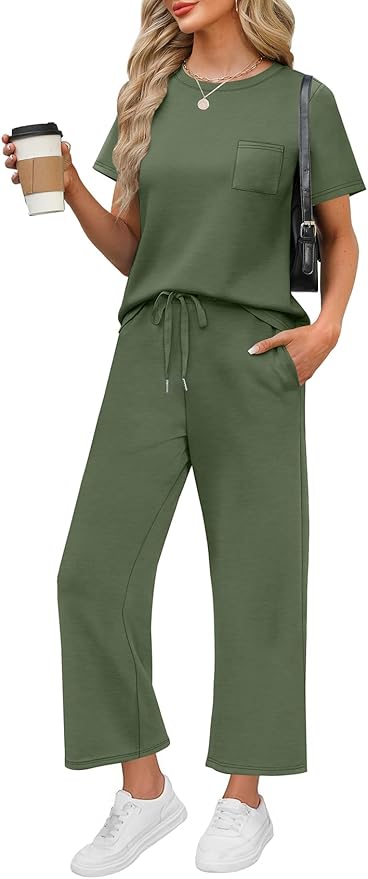 WIHOLL 2 Piece Sets for Women Casual Summer Travel Vacation Outfits Short Sleeve Wide Leg Crop Pants Lounge Sets by WIHOLL