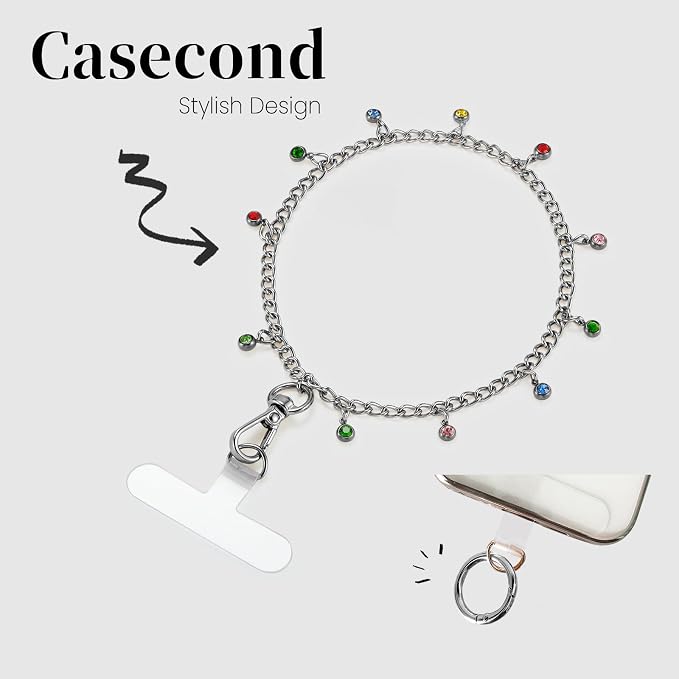 Phone Charm Wrist Strap Silver Metal Chain Detachable Lanyard Hand Wristlet Fashion Shine Finger Grip Anti-drop with 2 Tether Tab for Women Girls Universal for iPhone 16 Pro Max Colorful Gem - Image 3