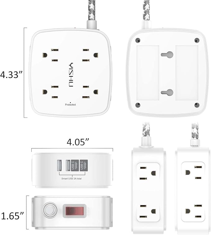 Surge Protector Power Strip - YISHU 8 Outlets with 4 USB (2 USB C) Charging Ports, 5Ft Braided Extension Cord, Flat Plug Multi Plug Outlet Extender Charging Station for Home Office, ETL, White - Image 7