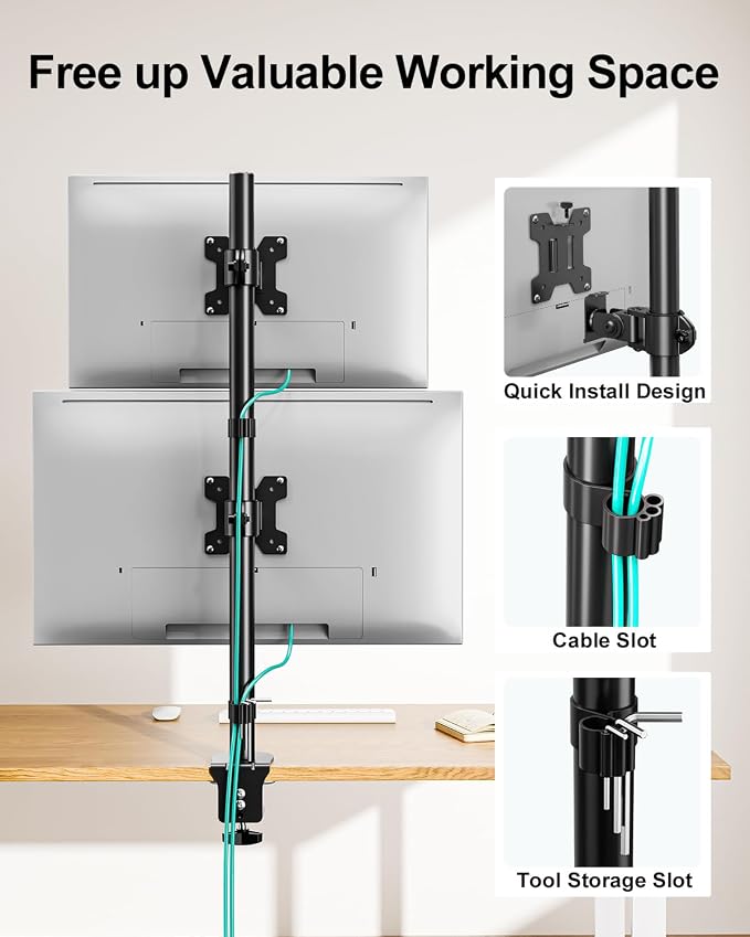 MOUNT PRO Vertical Dual Monitor Stand, Stacked Monitor Mount for 2 Monitors Up to 32 inches, Computer Monitor Arm with Swivel, Tilt, Height Adjustable, Each Monitor Desk Mount Holds up to 17.6 lbs - Image 7