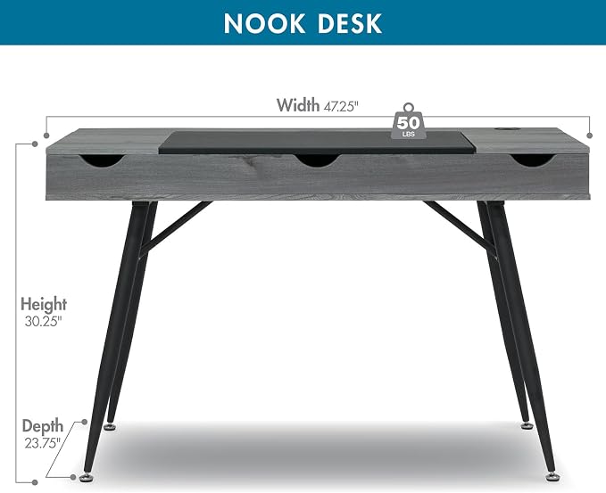 Calico Designs Nook Modern Office Laptop Writing Desk- 47.25″ Wide Home Workstation Space-Saving with Storage Compartments, Greywash - Image 3
