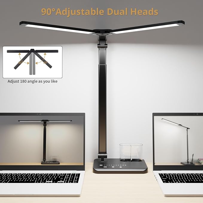 Woputne LED Desk Lamp Dual Heads, Dual USB Port, Height Adjustable, 15W | 5 Light Modes & Dimmable Brightness,Desk Lamps for Home Office Bedside Lamp for Reading, Craft, Work, Study (Black) - Image 4