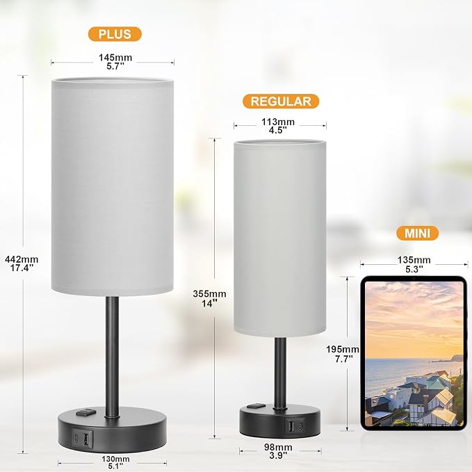 Fenmzee Touch Bedroom Lamp - Grey, 3-Way Dimmable, USB A + C Charging, AC Outlet, 17.4inch Medium - Image 2