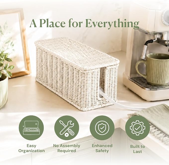 Cable Management Box, Handmade Rattan Cable Organizer with 2 Open Slots, Cord Hider for Power Strip, Router & USB Hub, Registered U.S. Design Patent (D1,112,102), 13" x 5.1" x 5.1", White - Image 3