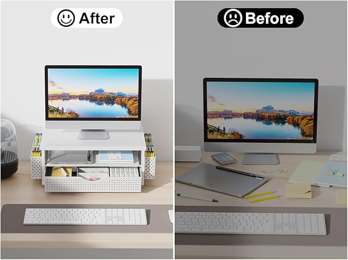gianotter Desk Organizers and Accessories, Monitor Stand with Drawer and 2 Pen Holder, Desktop Organizer Suitable for Offices and Dormitories (White-Plain) - Image 3