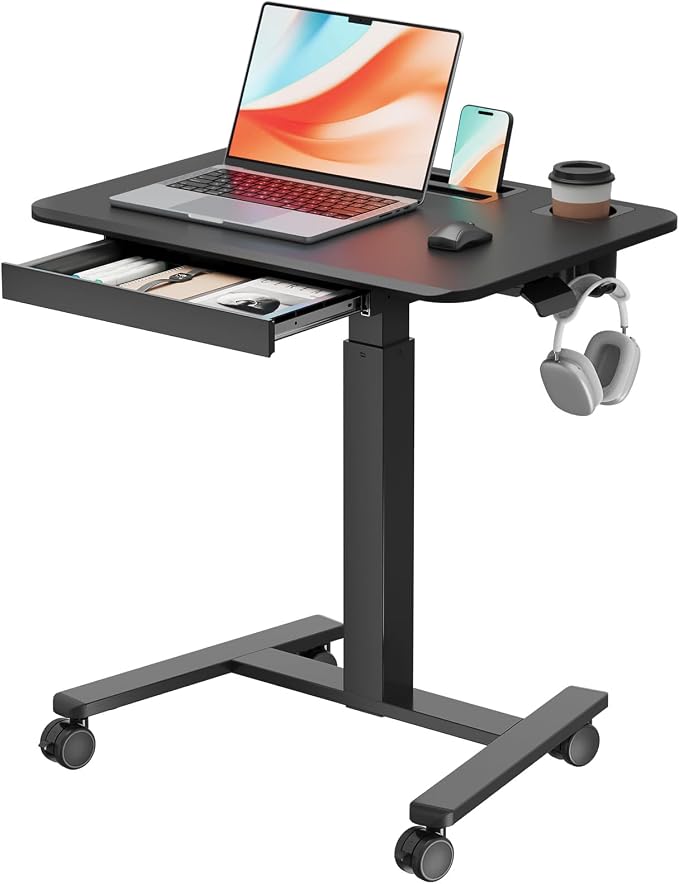28" Mobile Standing Desk with Drawer, Portable Laptop Desk | Rolling Desk with Cup Holder & Hooks, Height Adjustable Computer Cart on Wheels for Classroom, Study Desk with Storage, Black by JYLHJOYSEEKER