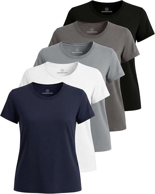5 Pack Women's Dry Fit Short Sleeve Athletic Gym Workout Running Tops | Available in Plus Size, Exercise, Sports, Fitness, Quick Dry, Cooling, Moisture Wicking, Loose Basic Tees, Yoga, Pilates by RealEssentials
